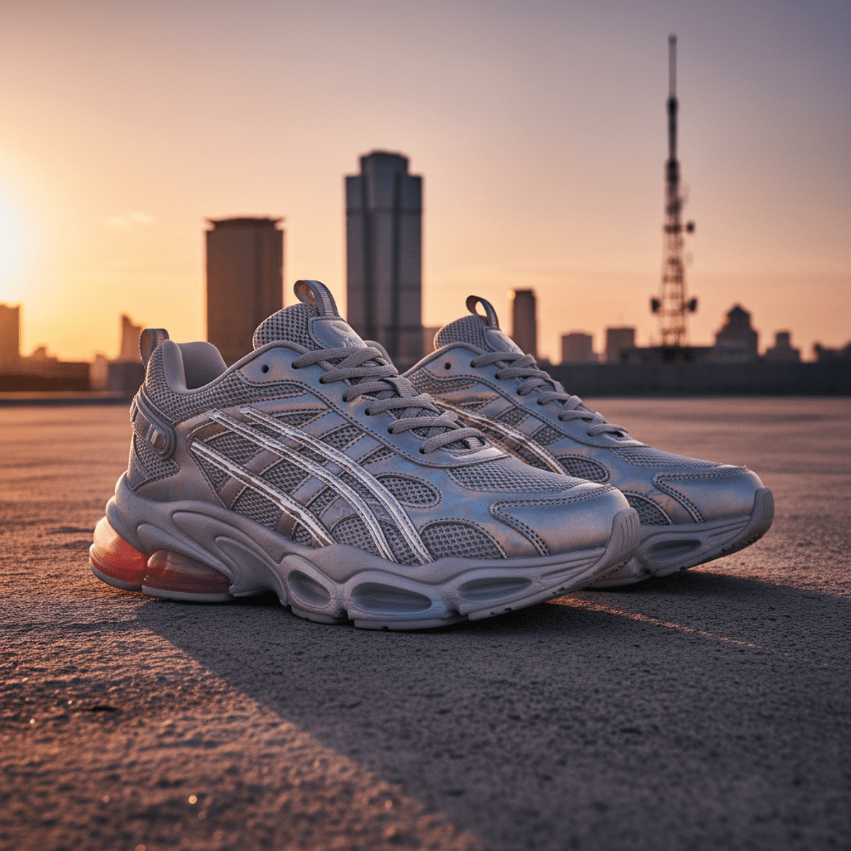 Trendy futuristic men's running shoes on a rooftop at sunset, blending retro and sci-fi.