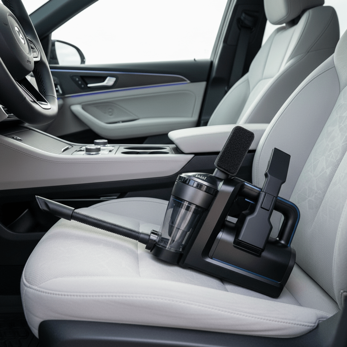 Handheld carpet cleaner on modern car seat Compact cordless carpet cleaner with crevice tool on a car's passenger seat.