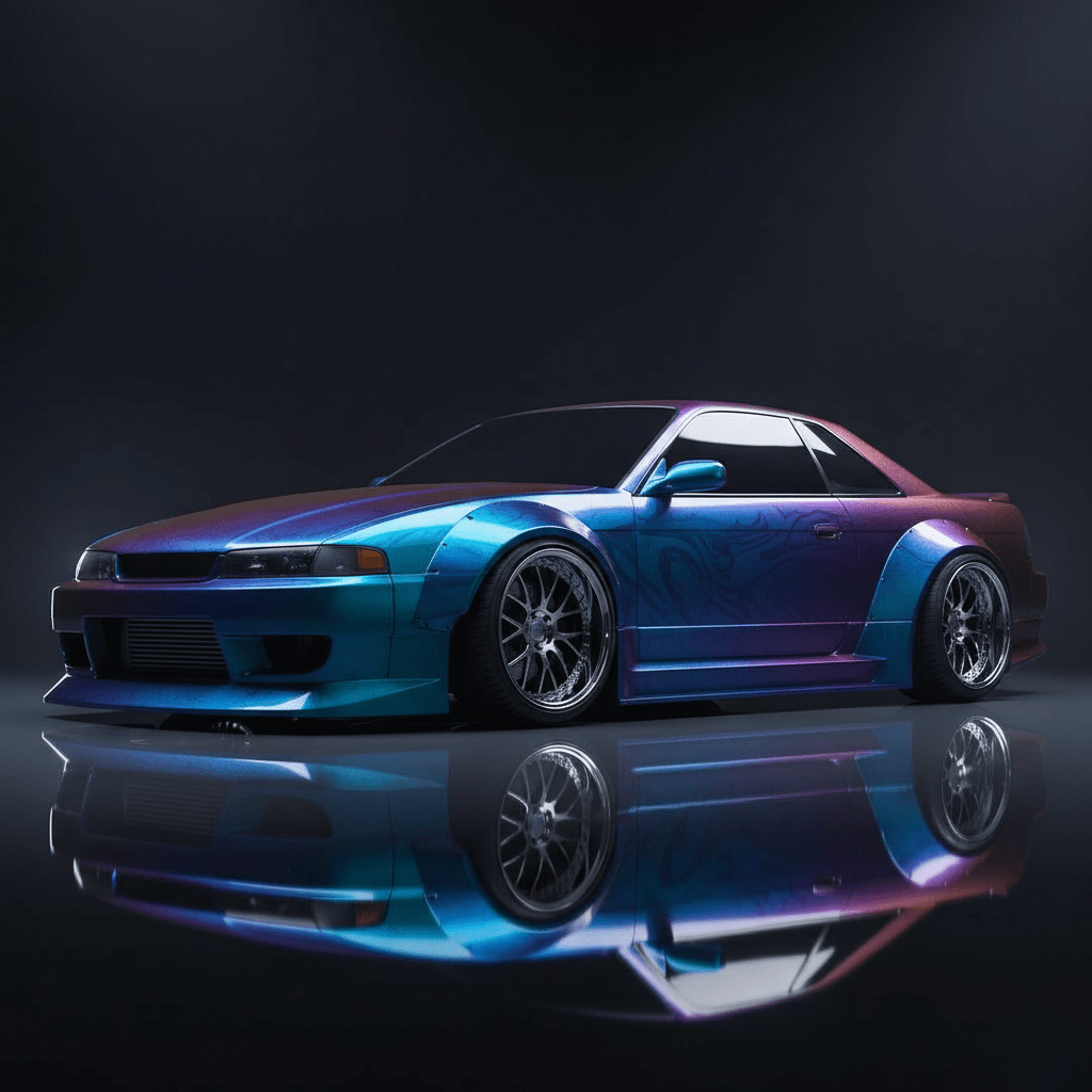 Aggressive 90s coupe on air suspension with striking electric blue and purple metallic wrap.