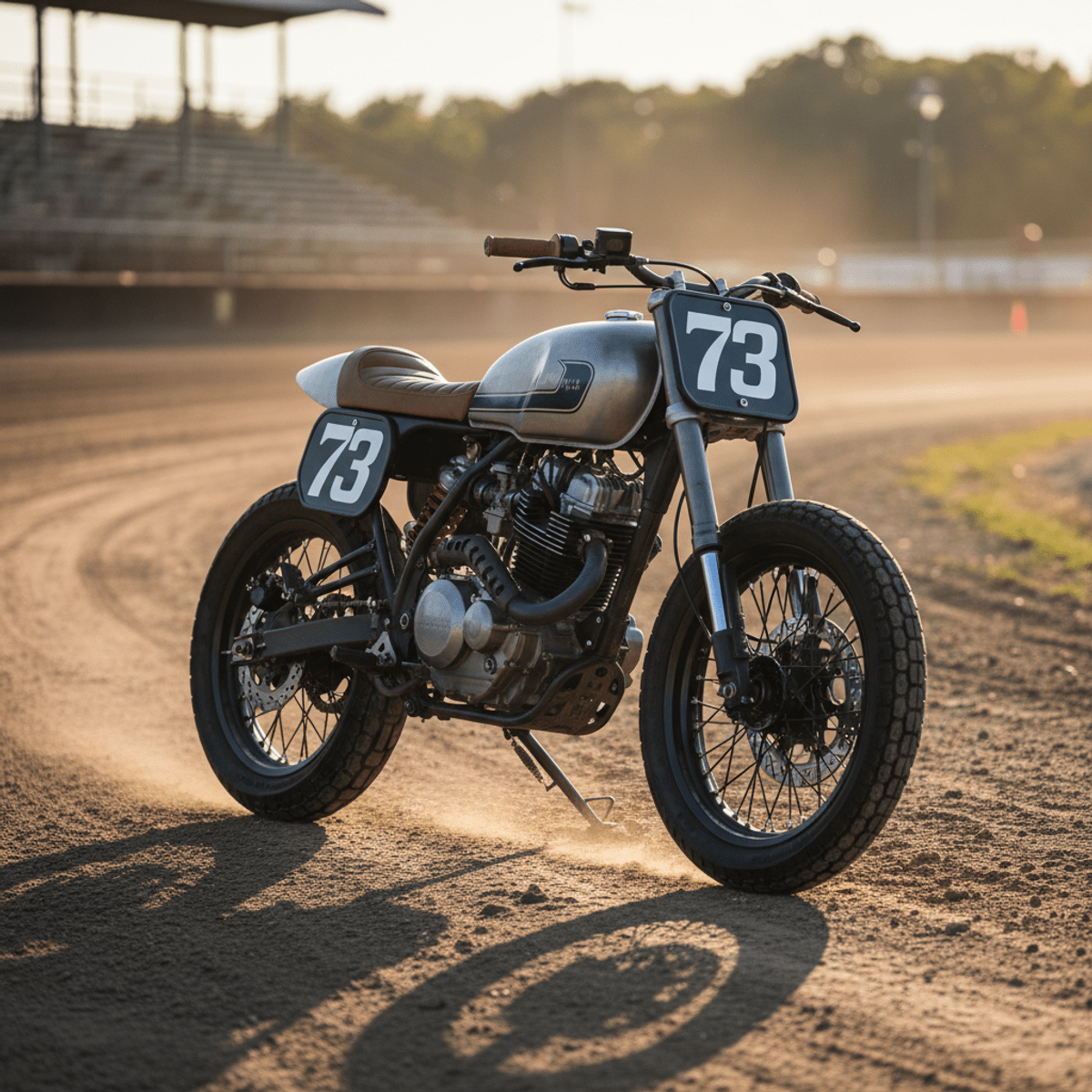 Flat track motorcycle on dusty dirt oval, golden hour light. Flat track inspired motorcycle with number plates on a dusty dirt oval at golden hour.