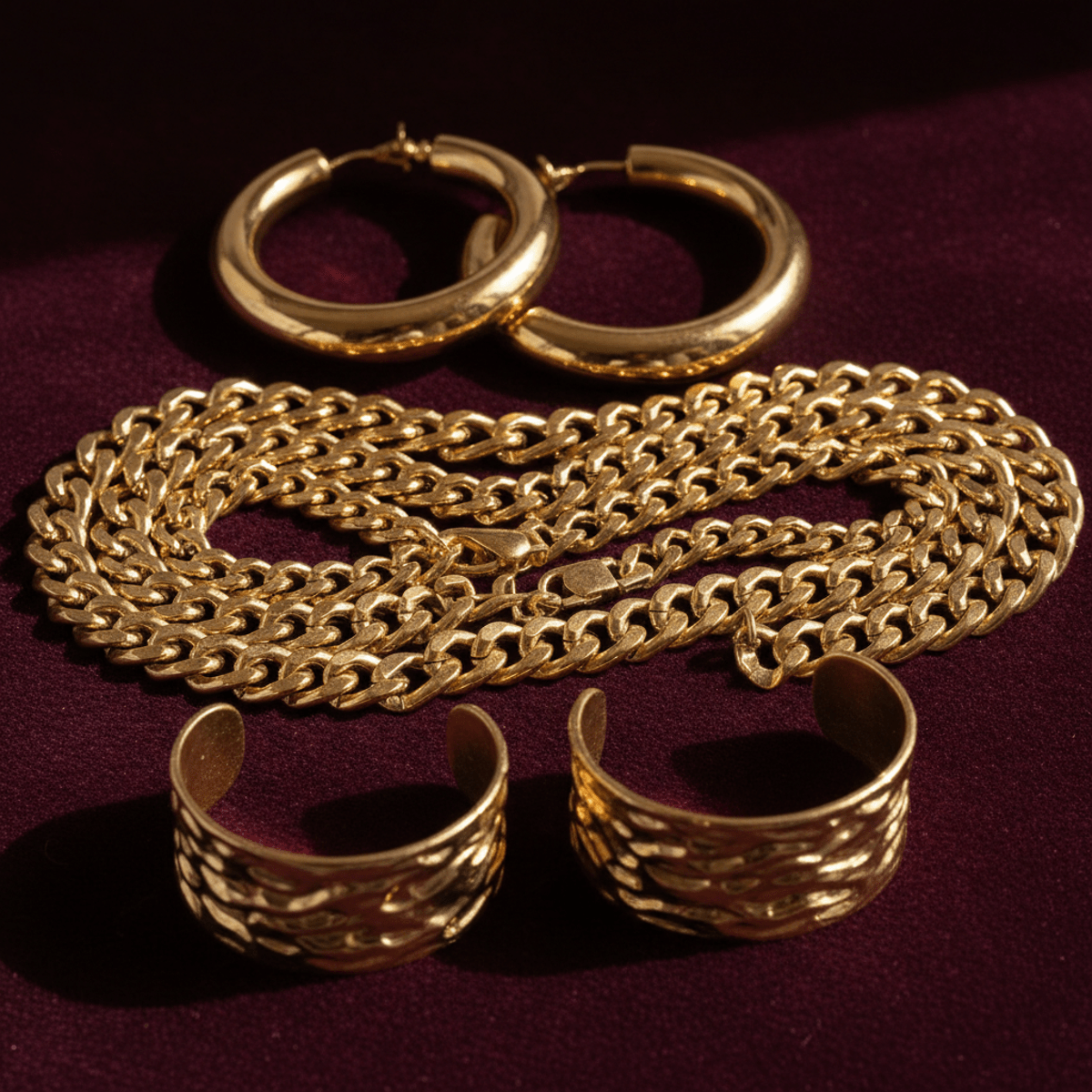 Layered chunky gold jewelry with polished hoops and chains on velvet.