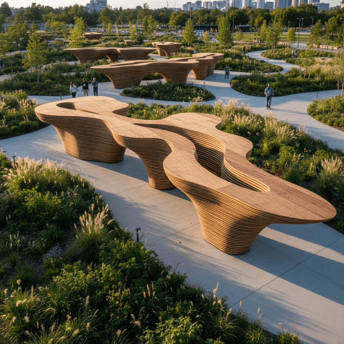 Outdoor park installation with parametric wave tables made from sculpted layered plywood.