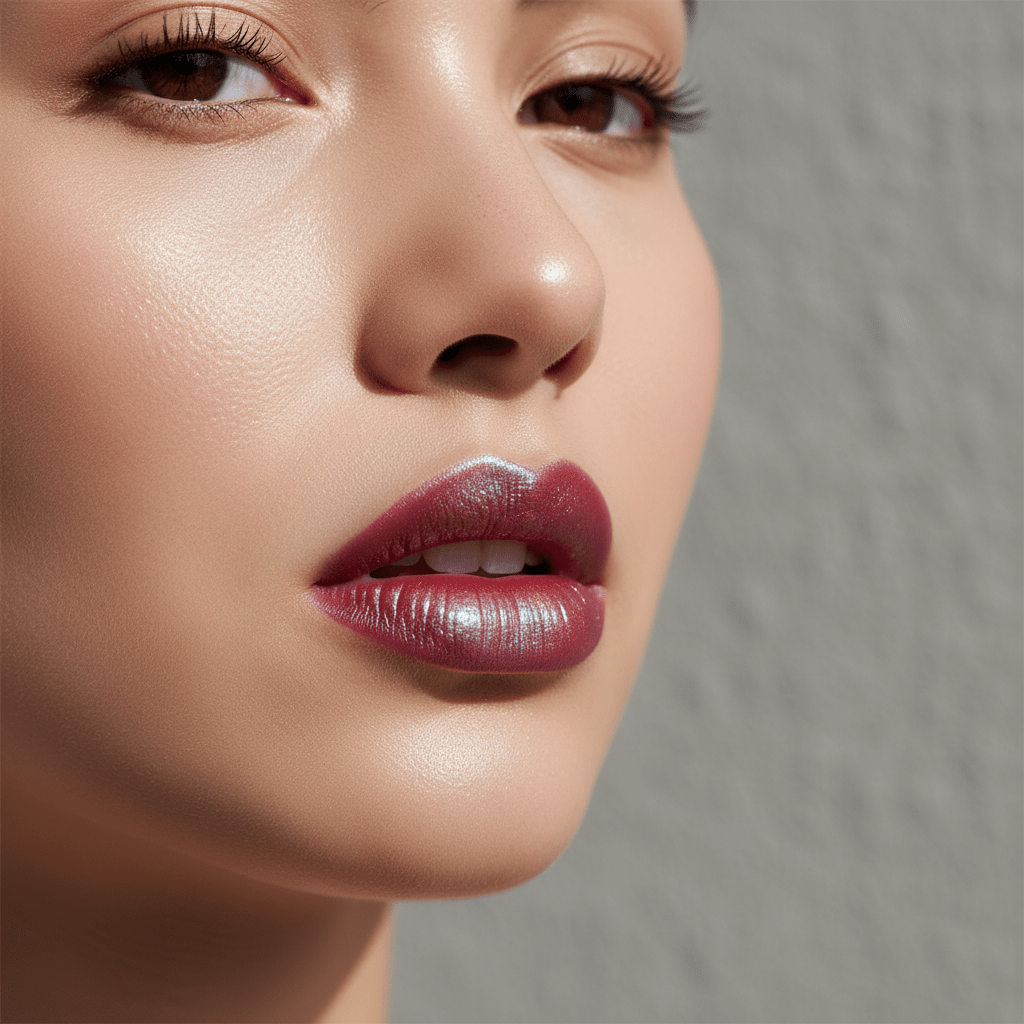 Model applying duochrome lip gloss that shifts colors in natural daylight.