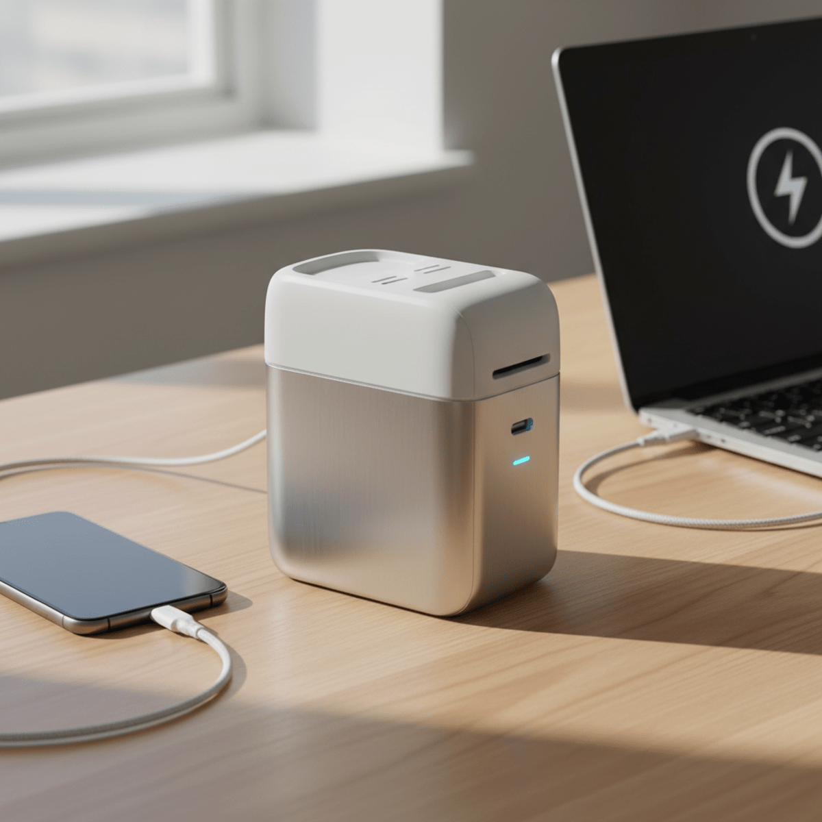 Futuristic portable nebulizer on a wooden desk with a glowing USB-C port.