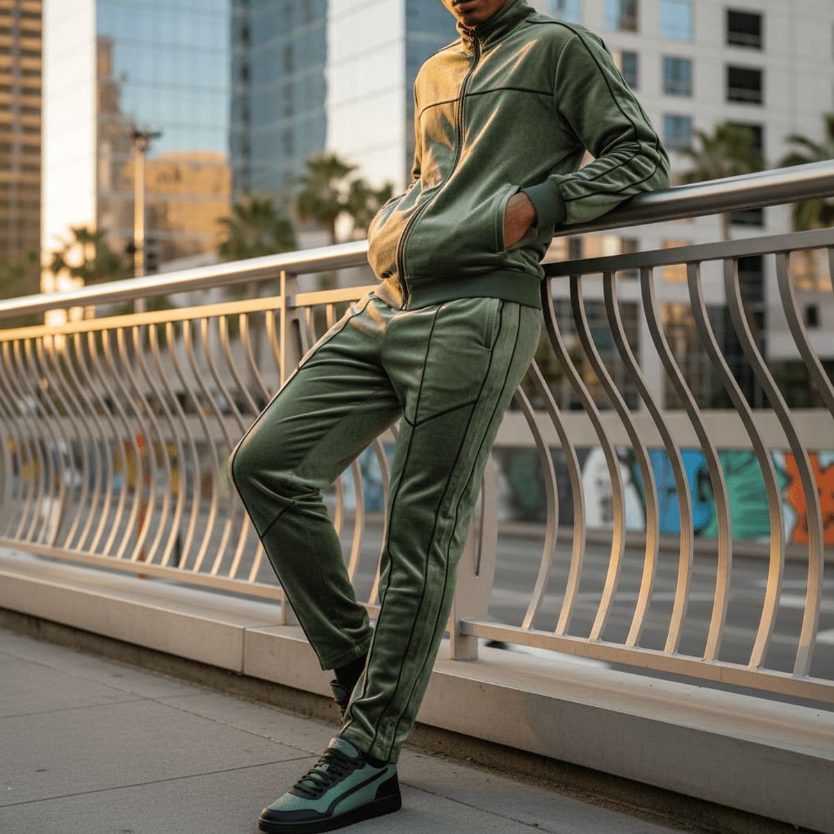 Sage green velvet tracksuit with black satin piping in golden hour sunlight.