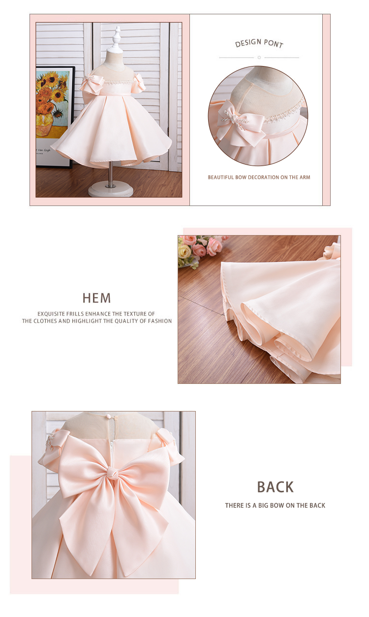 New Arrival High Waisted Short Sleeve Cute Champagne Stain Beading Beach Children Girl Dress With Two Bow On Shoulder