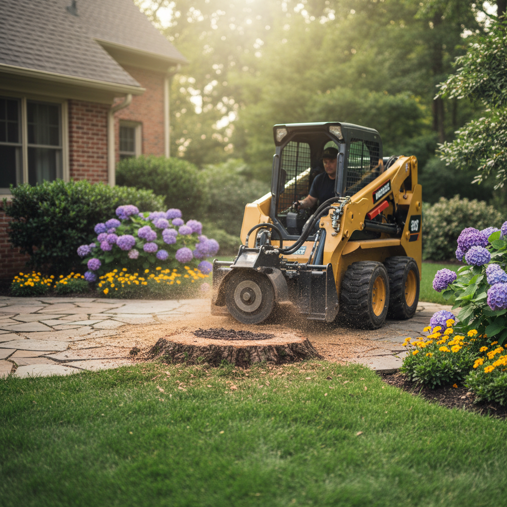 Mini skid steer with stump grinder removes tree stump in a manicured backyard.