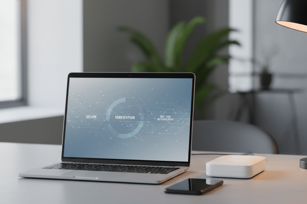 Laptop and unbranded ID reader on a desk under natural and ambient light, symbolizing secure online identity verification