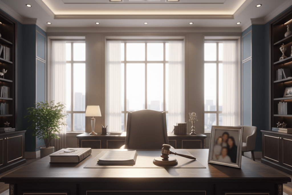Wide shot of a legal office desk with gavel, documents, and soft lighting, representing authority and family business tradition