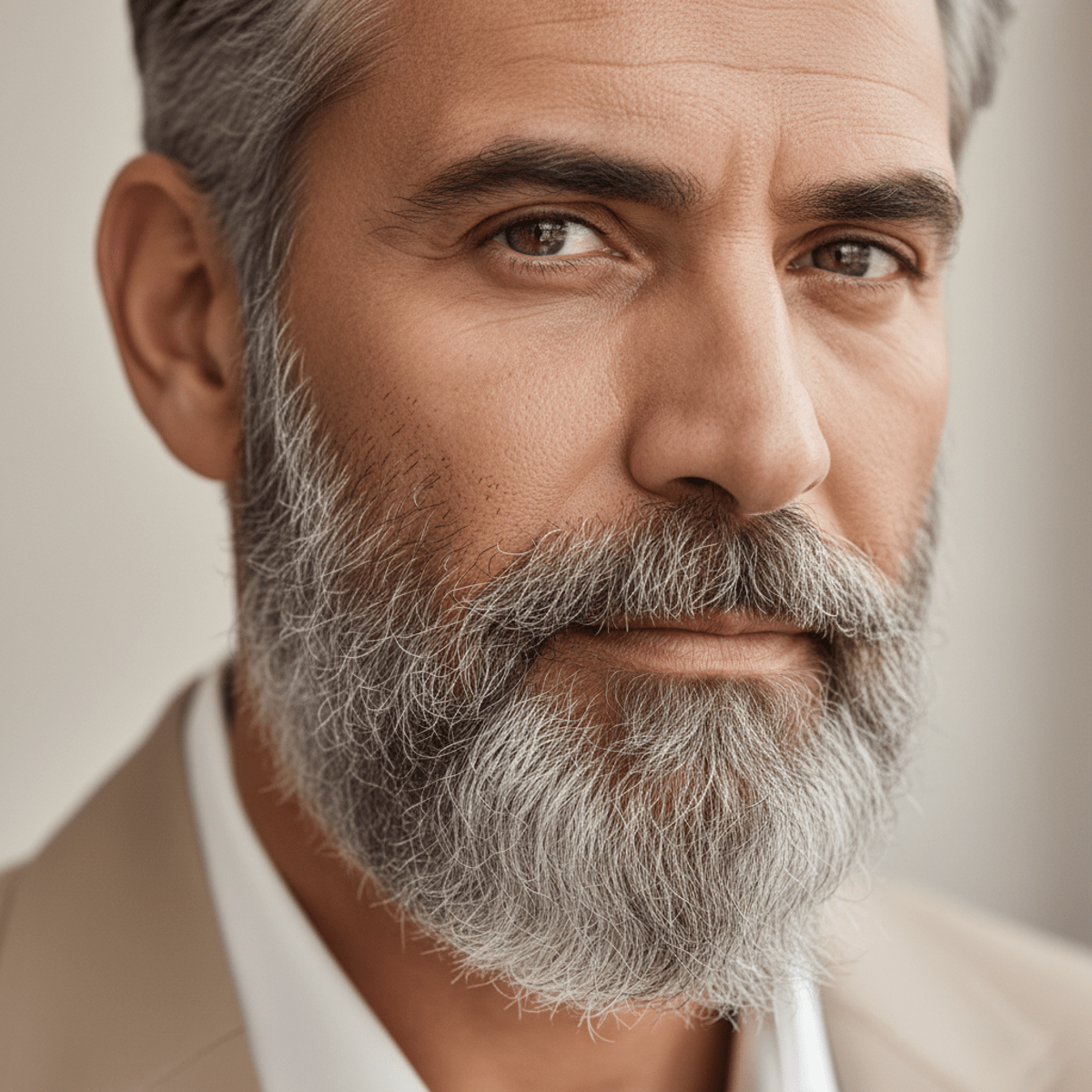 Close-up of a refined man's beard with subtle gray blending and natural salt-and-pepper tones.