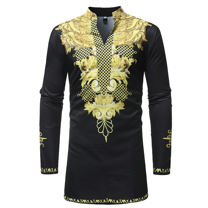 Новинка 2020, модная рубашка с воротником-стойкой, Мужская африканская одежда, рубашка с длинным рукавом и принтом, оптовая продажа