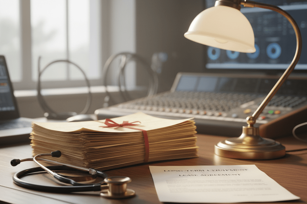 Production desk with historical scripts and lease contracts under warm light, symbolizing TV series longevity