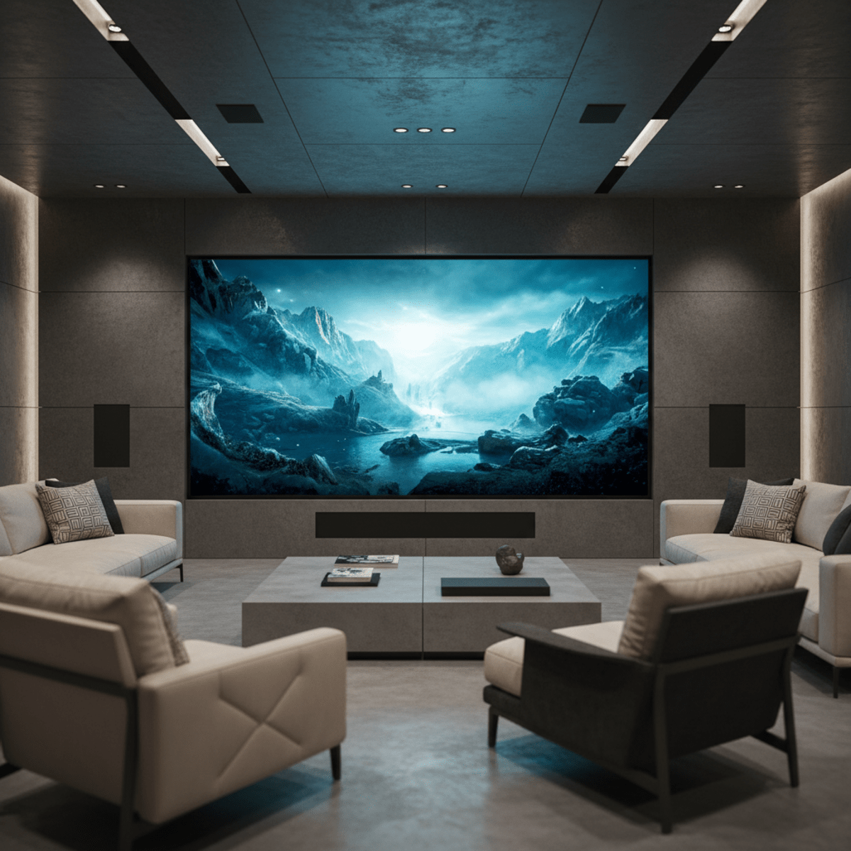 Modern media lounge featuring a large flush-mounted microLED display and luxurious seating.
