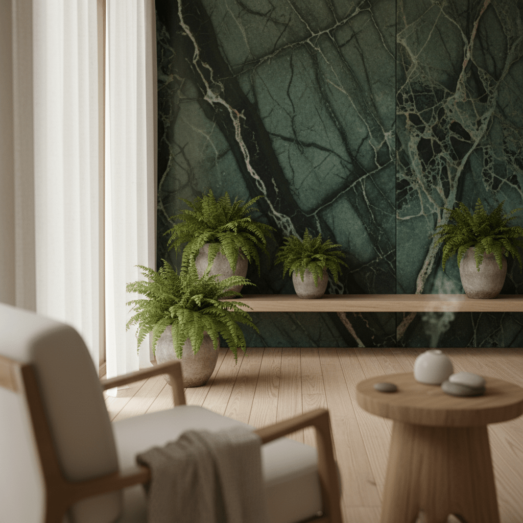 Luxurious marble and wood spa interior with lush ferns and linen drapes.