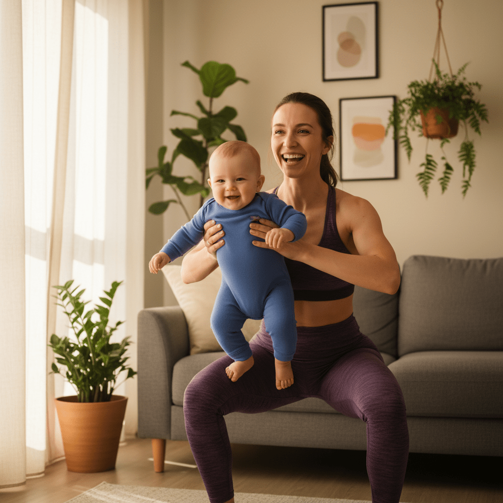 Fit mother and baby joyfully exercising together in a cozy home environment.