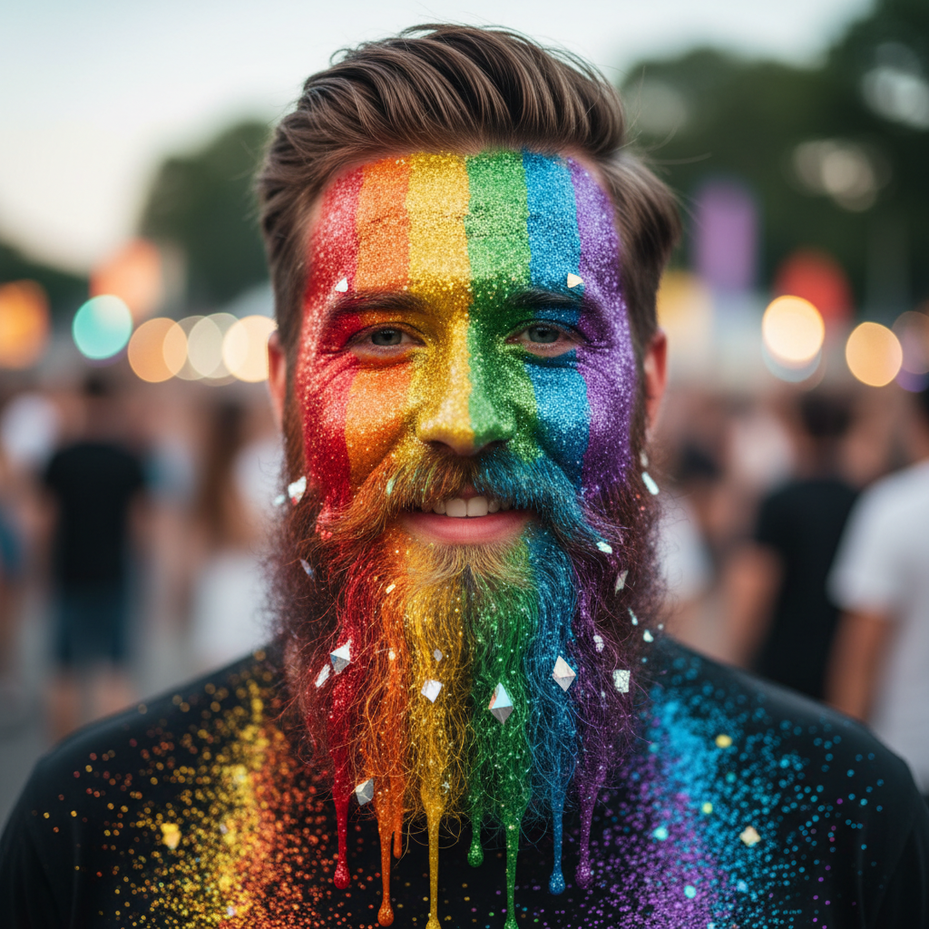 Man with a vibrant rainbow glitter beard styled in a liquid cascade.