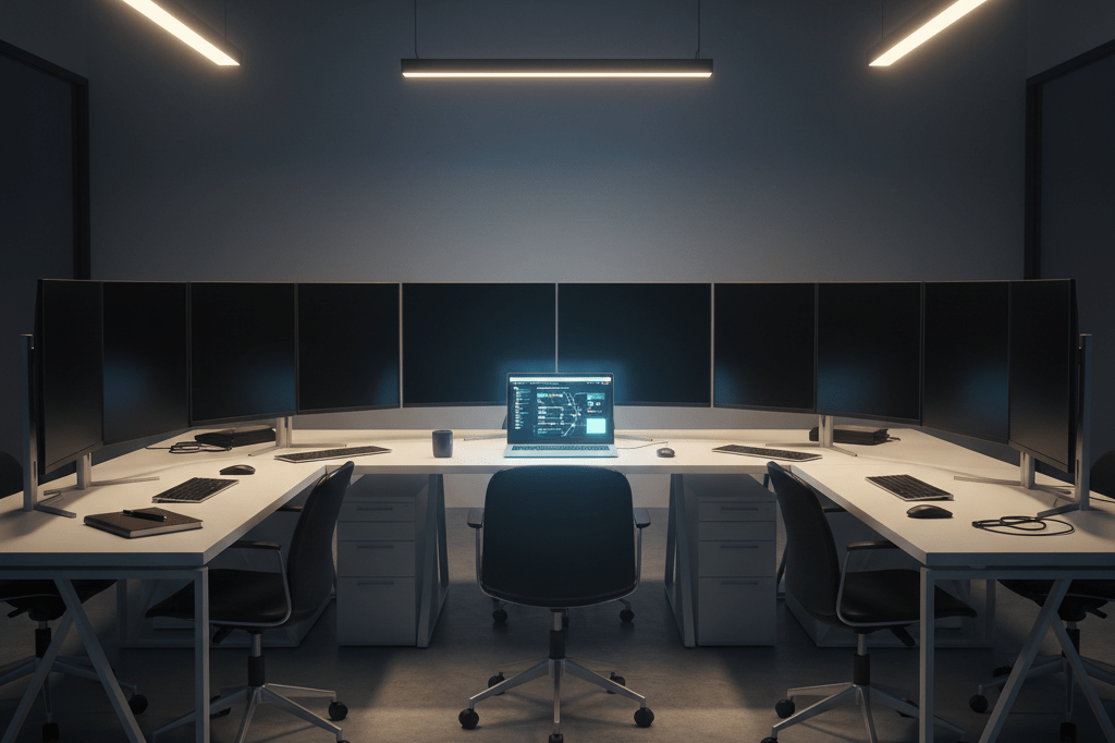 Empty workspace with dark monitors and one active laptop under soft ambient light, symbolizing resilience in online operations