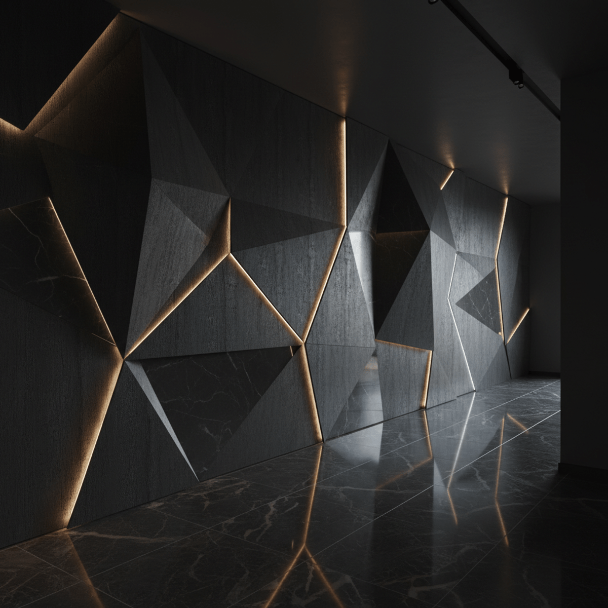 Modern geometric wall panels with dynamic LED lighting Geometric wall panels with embedded LED lighting in a minimalist hallway.