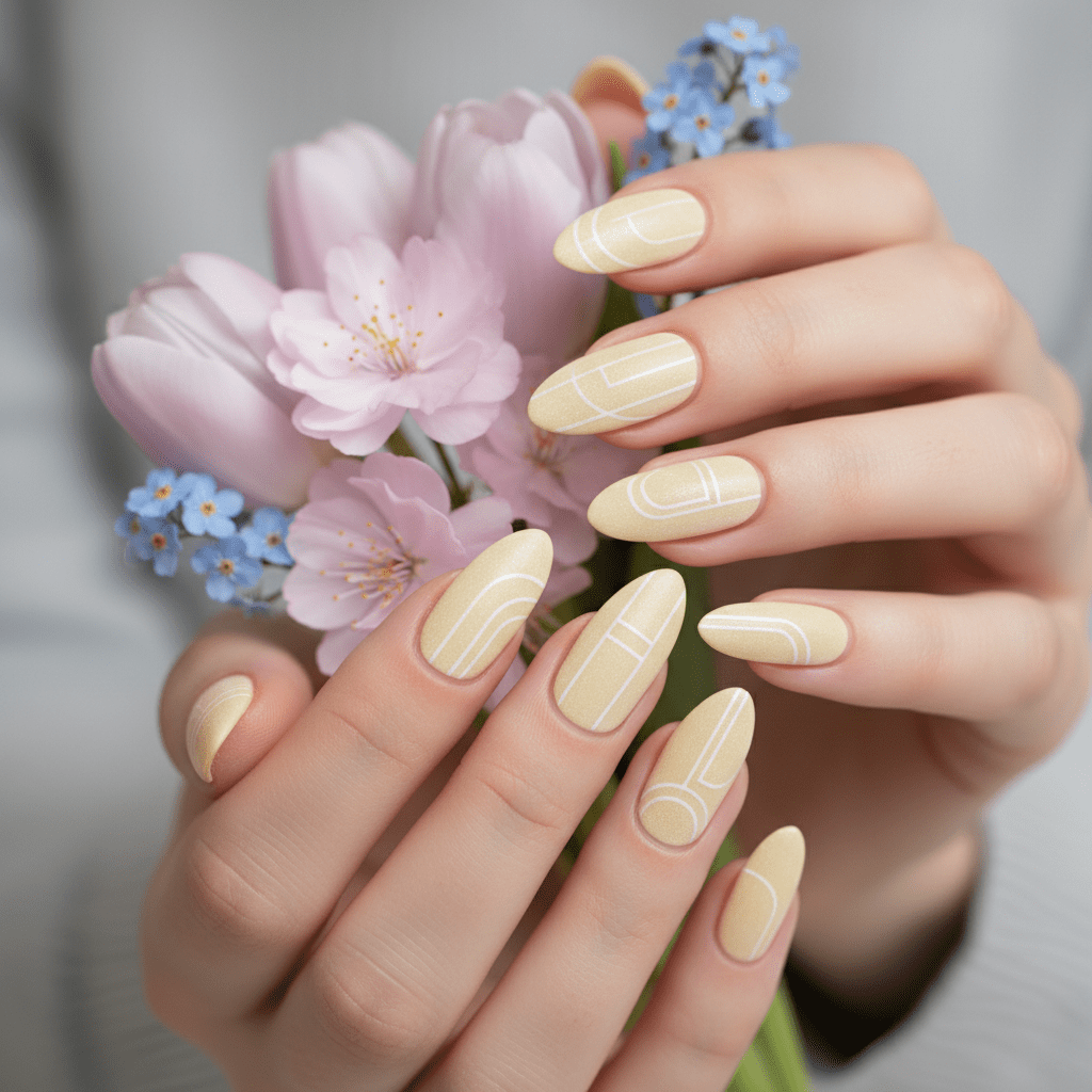 Close-up of muted yellow nails with white minimalist designs and spring flowers.
