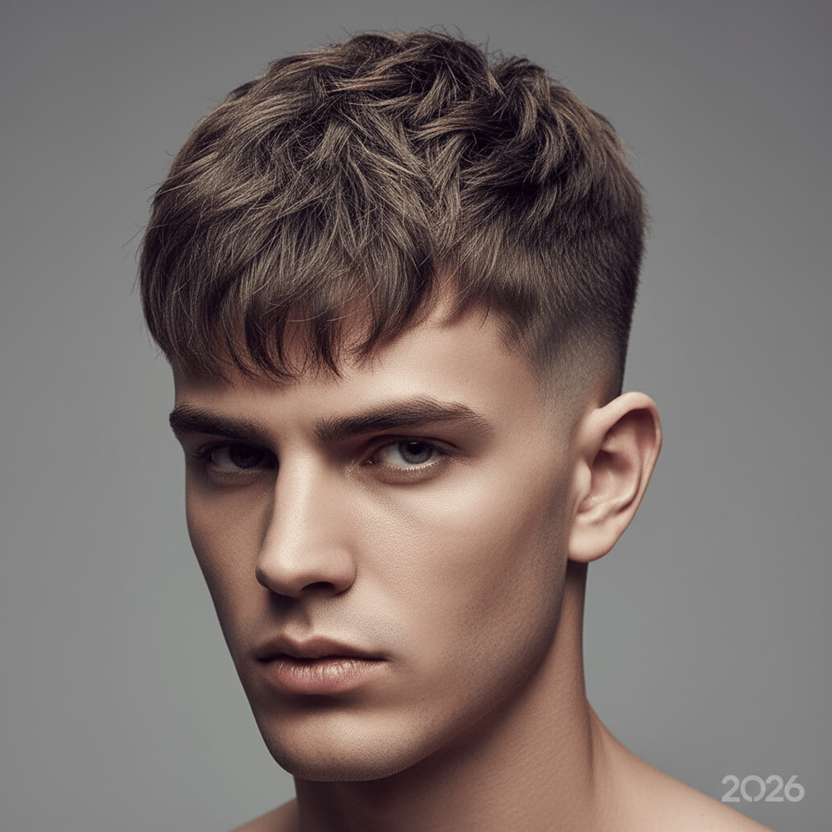 Model with textured French crop haircut, choppy style, and blended fades.