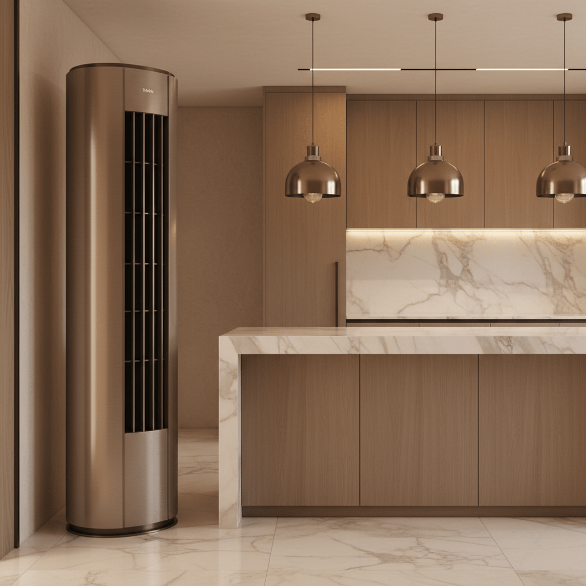 Sleek vertical air conditioner with brushed bronze finish in a modern kitchen.