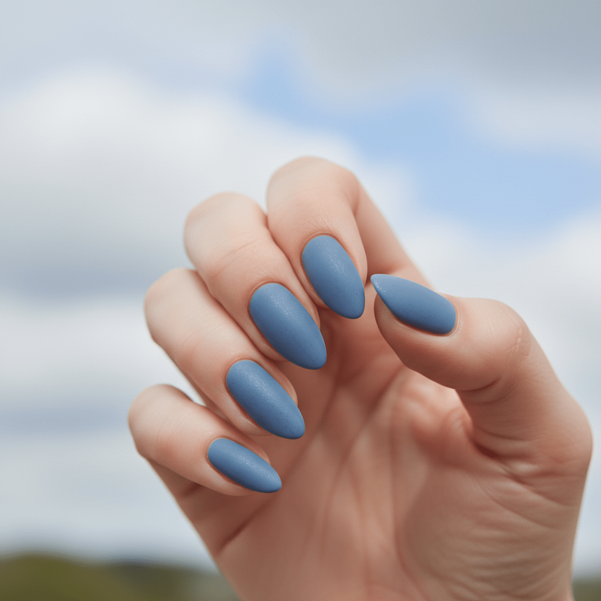 Close-up of matte blue almond nails with a stone-like finish against a soft sky.