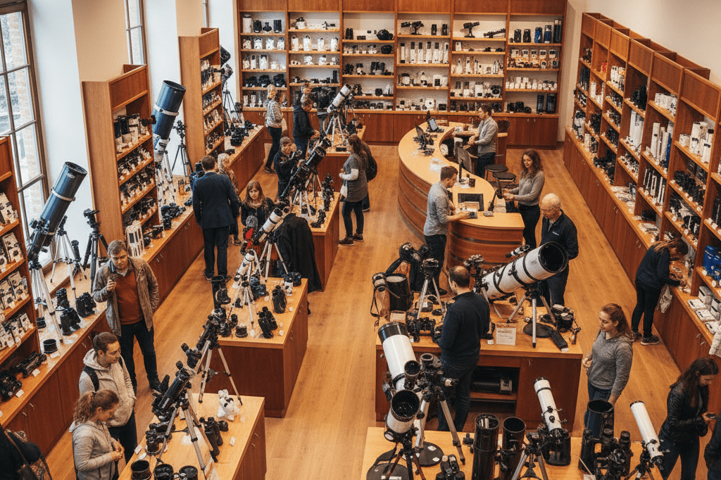 Interior view of an active telescope retail store with customers shopping for astronomy gear amid warm ambient lighting.