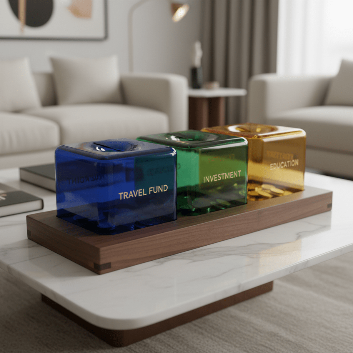 Modern modular piggy bank with wood and acrylic Sleek modular piggy bank with wood and acrylic cubes in a minimalist living room.