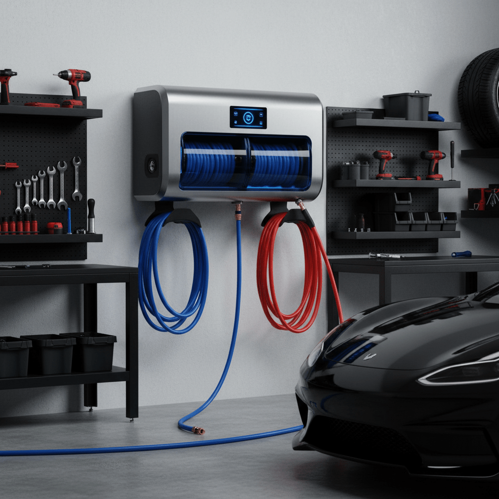 Futuristic wall-mounted power washer system with hoses and control interface.