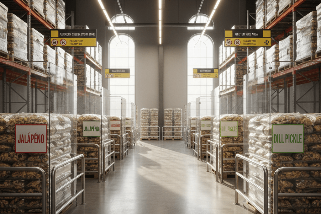 Warehouse aisle with separated snack inventory and physical barriers preventing allergen cross-contamination under natural light