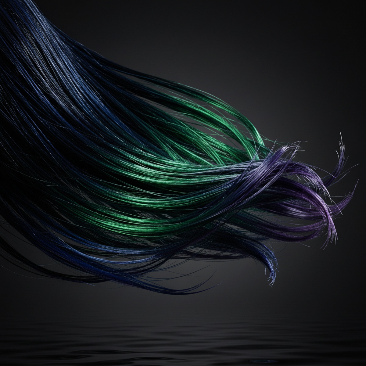Slick hair in motion with a seamless color transition from blue to green to violet.