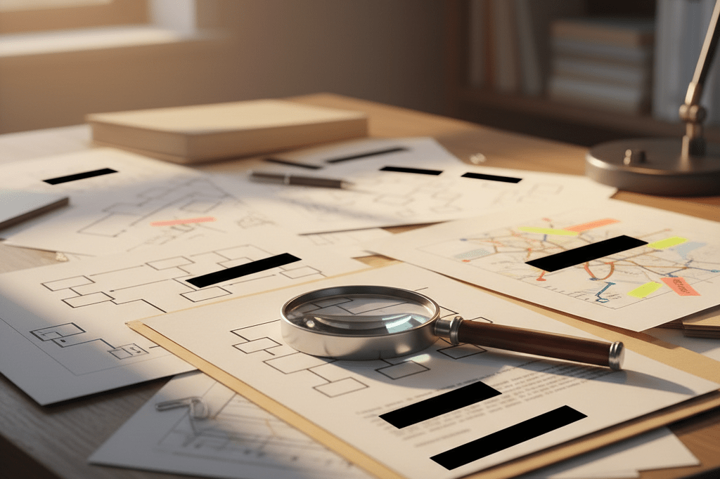 Cluttered desk with magnifying glass and supply chain maps Close-up of wooden desk with documents, charts, and magnifying glass under warm light