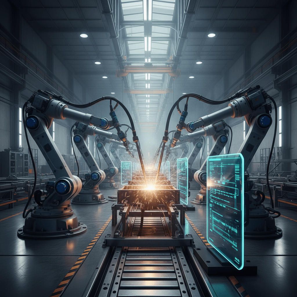 Automated robotic arms welding in a high-volume, modern industrial plant.