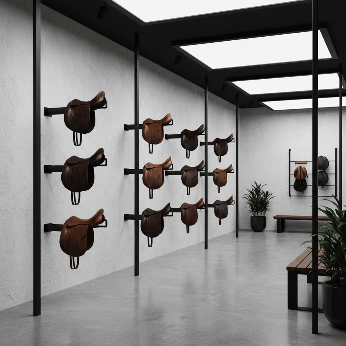 Contemporary stable interior with wall-mounted saddle racks and gallery-style saddle display.