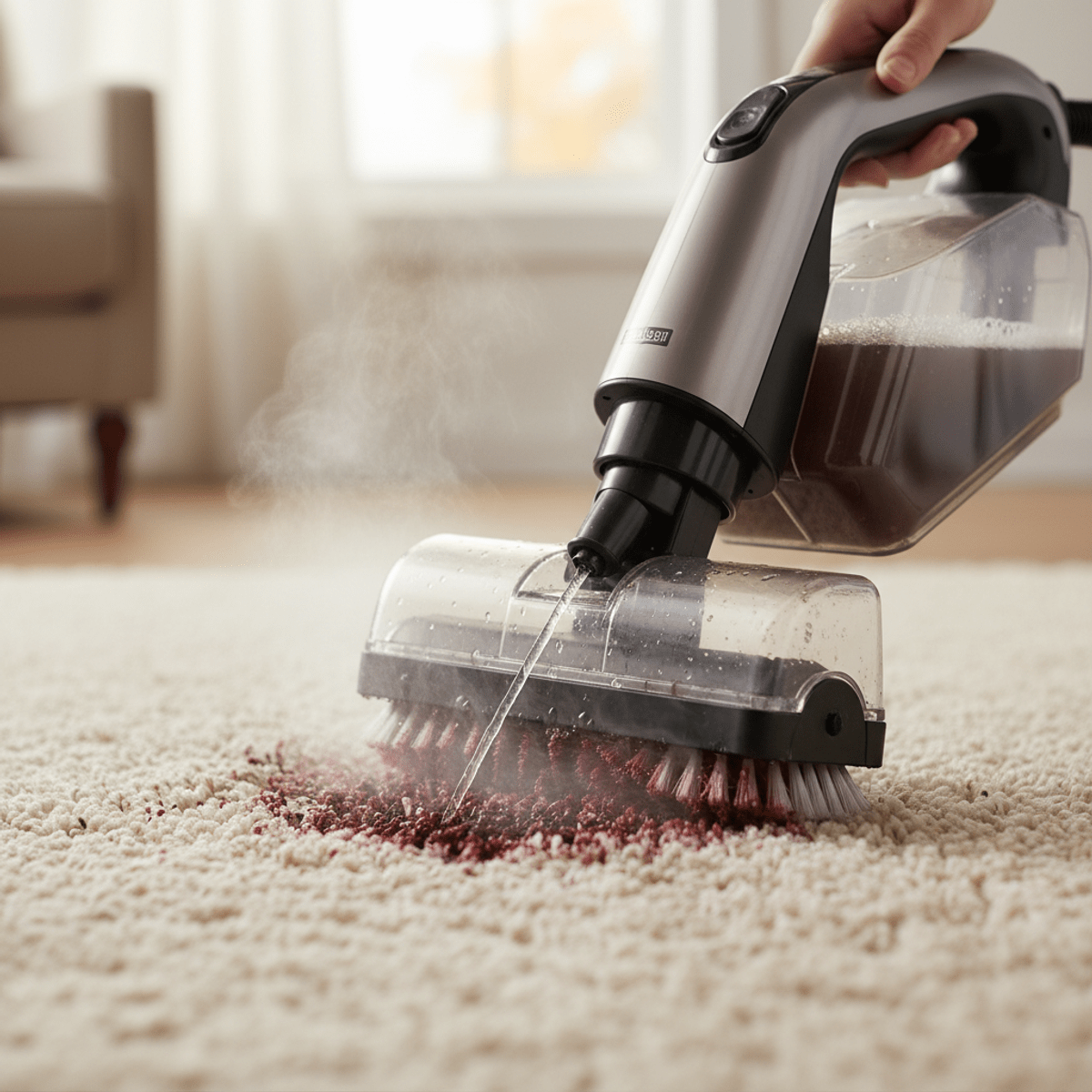 Carpet cleaner removing wine stain with steam Handheld carpet cleaner tackles red wine stain with steam and scrubbing brush.