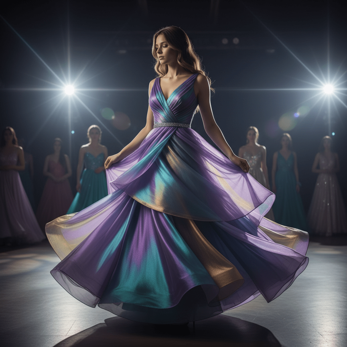 Futuristic prom dress with flowing, glowing iridescent fabric in purple, blue, and green.