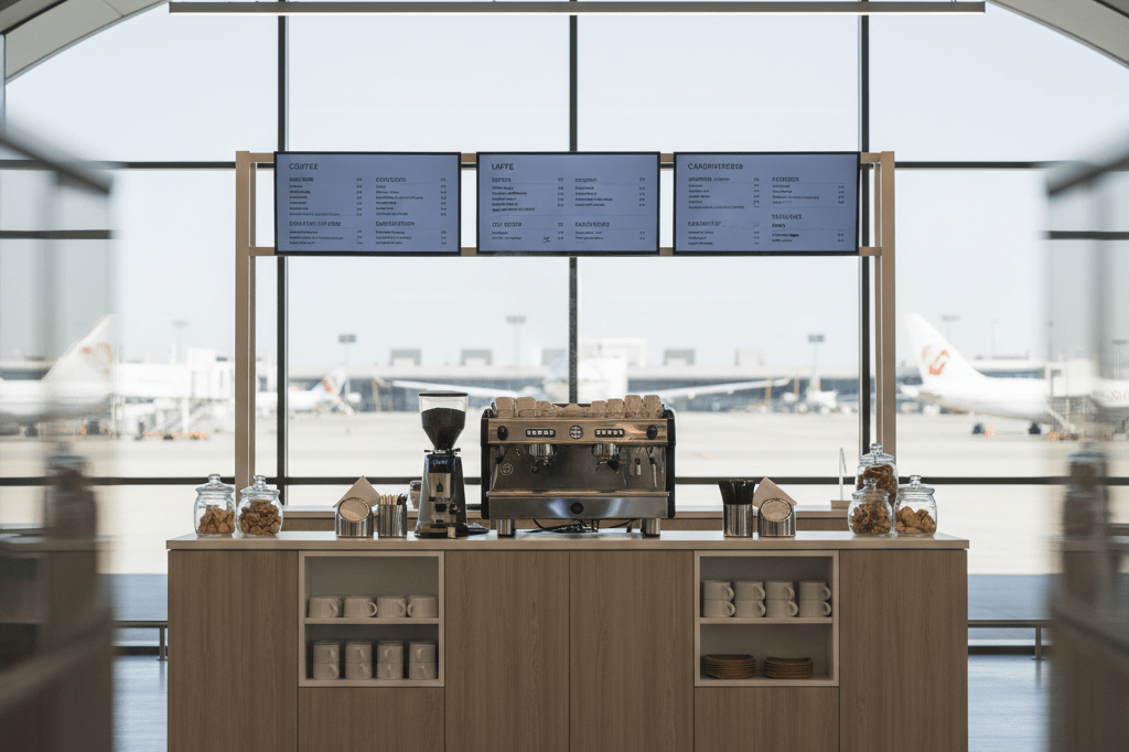 Medium shot of a neutral-toned, branded-free hospitality kiosk in an airport terminal with coffee equipment and natural lighting