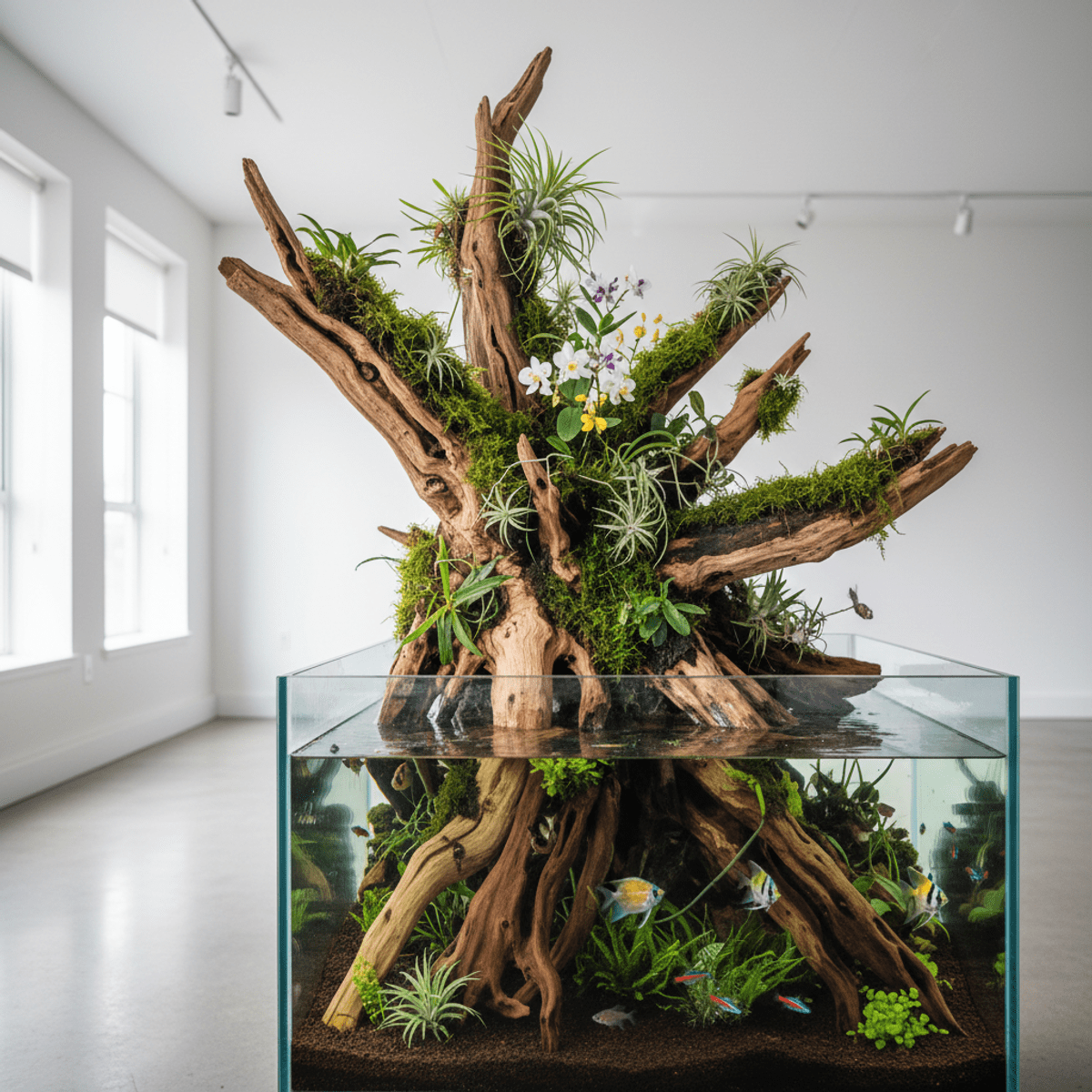 Futuristic paludarium aquarium with sculptural driftwood, orchids, and tropical fish.