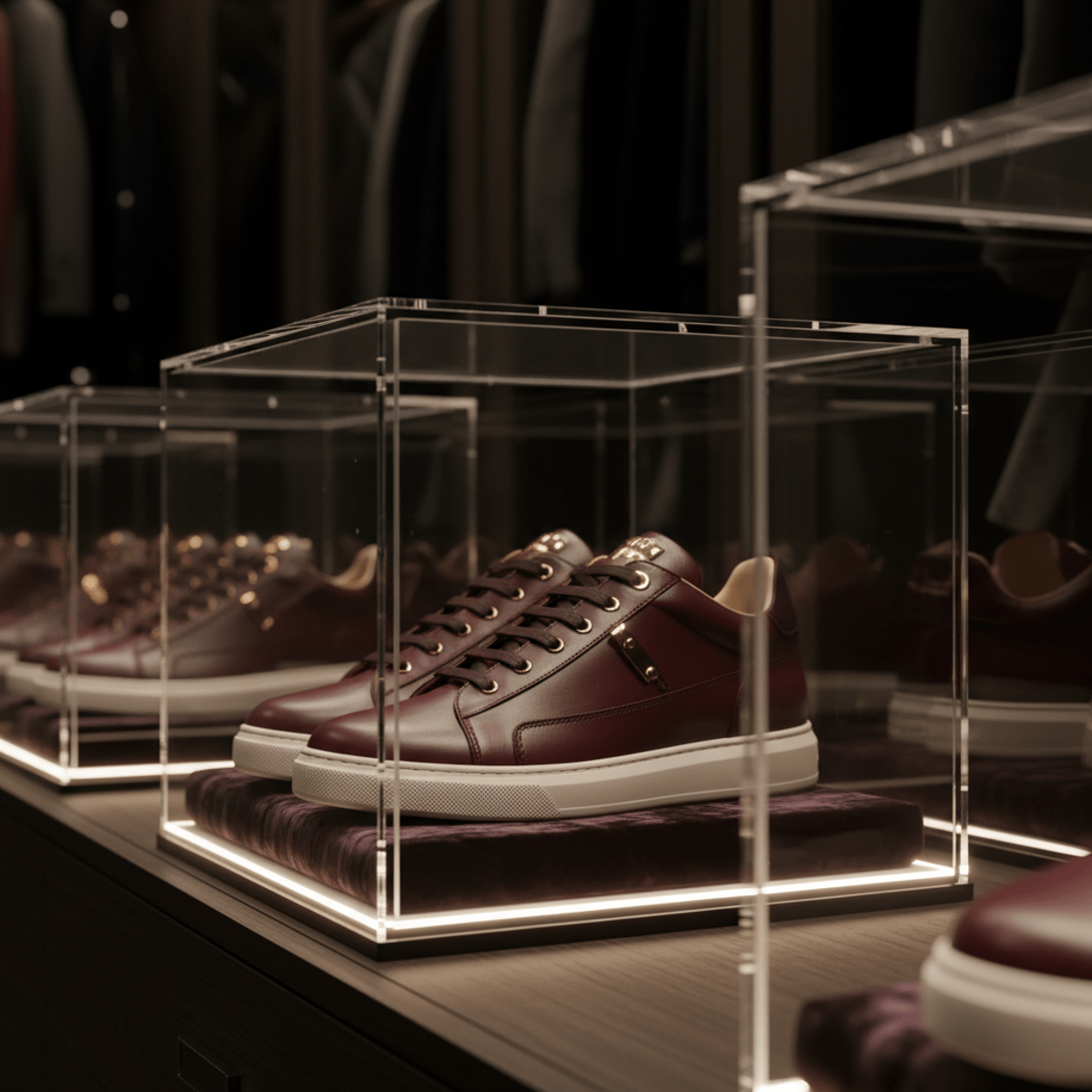 Elegant leather sneakers showcased in a clear acrylic case with magnetic closure.