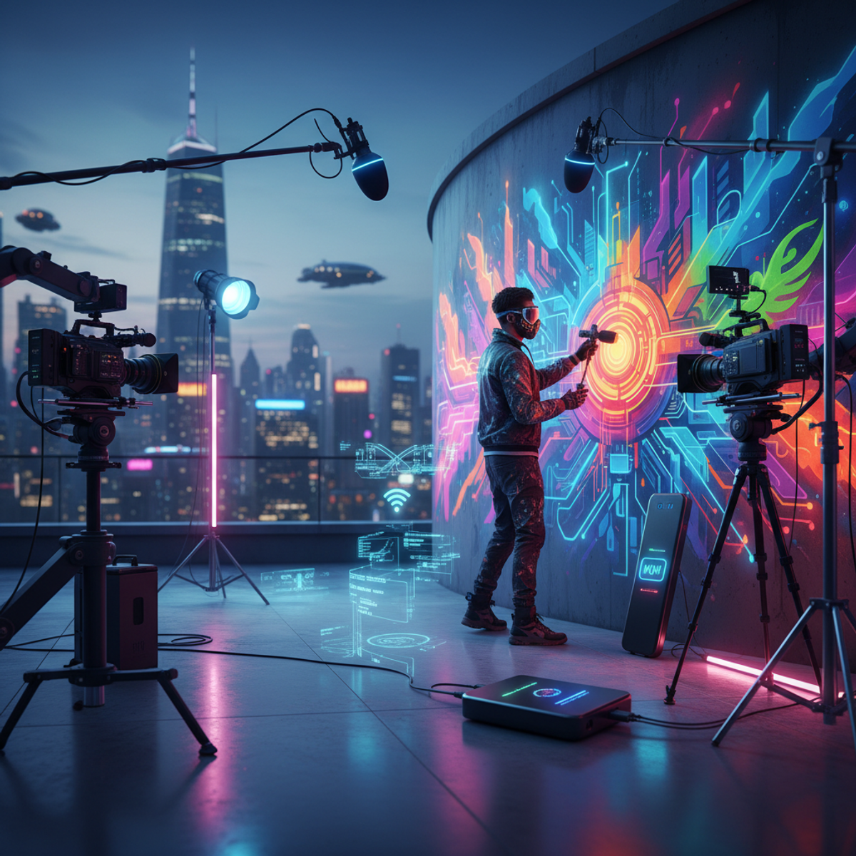 Urban artist painting a vibrant mural in a futuristic rooftop studio at night.