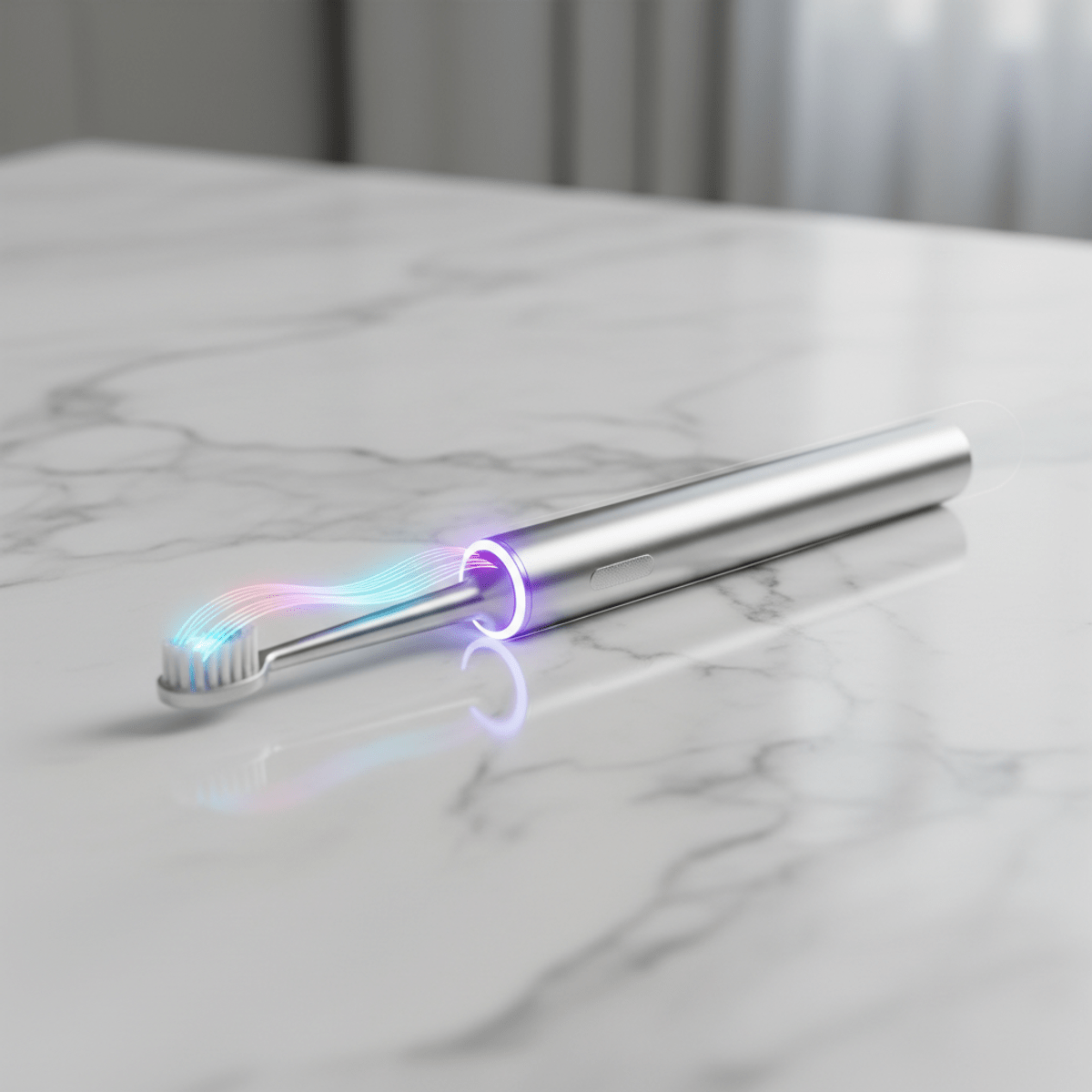 Sleek metallic toothbrush with AI sensors on a white marble surface.