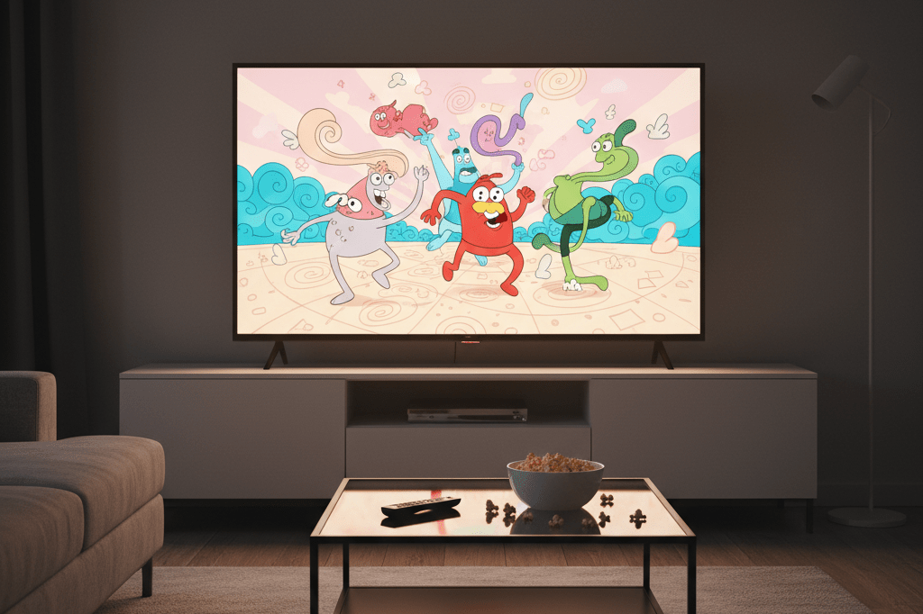 Immersive binge-watching experience on modern television screen Large TV showing generic animated comedy in dim room with popcorn, symbolizing full-season streaming success