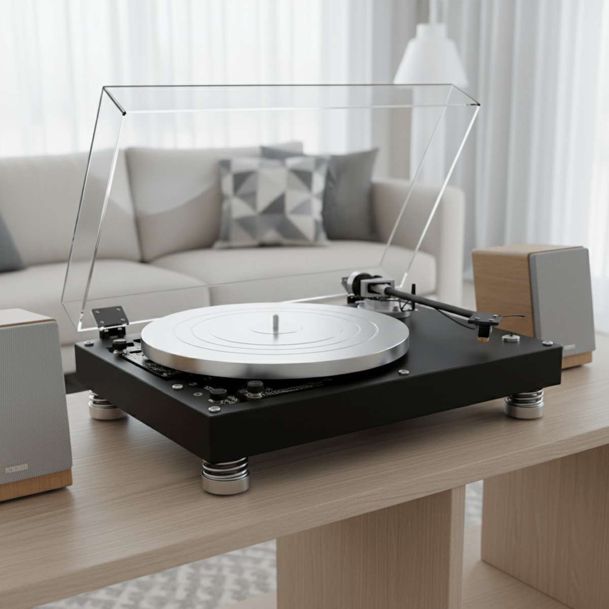 Modular LP player with separate speakers Deconstructed LP player and speakers on a minimalist wooden console.