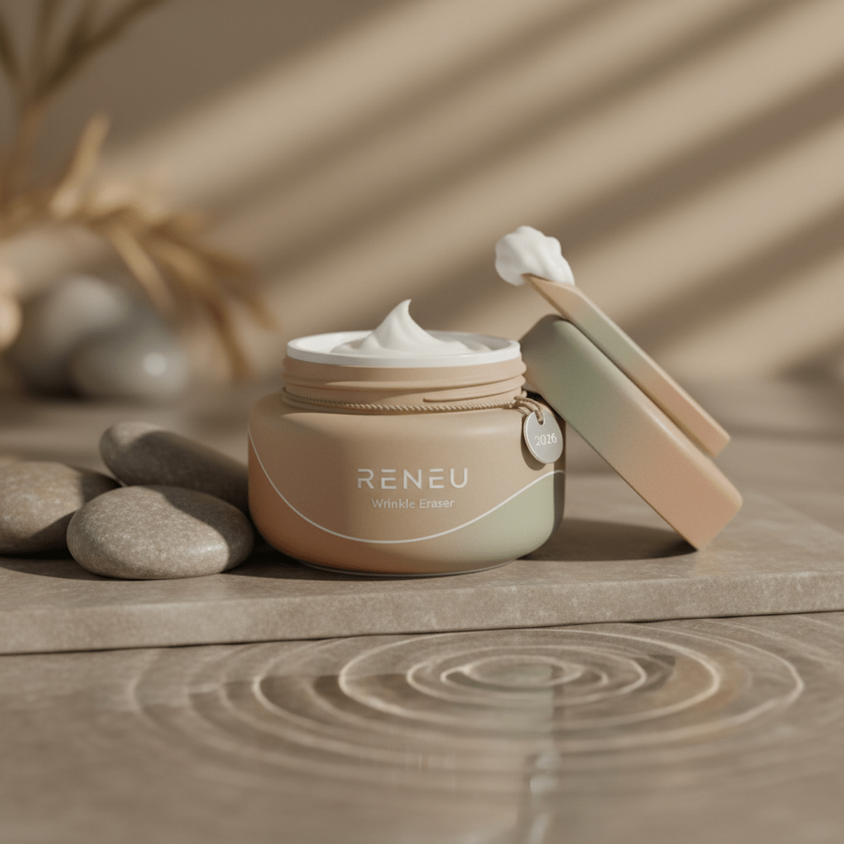 Luxurious wrinkle remover cream jar with matte ceramic packaging beside river stones and water.