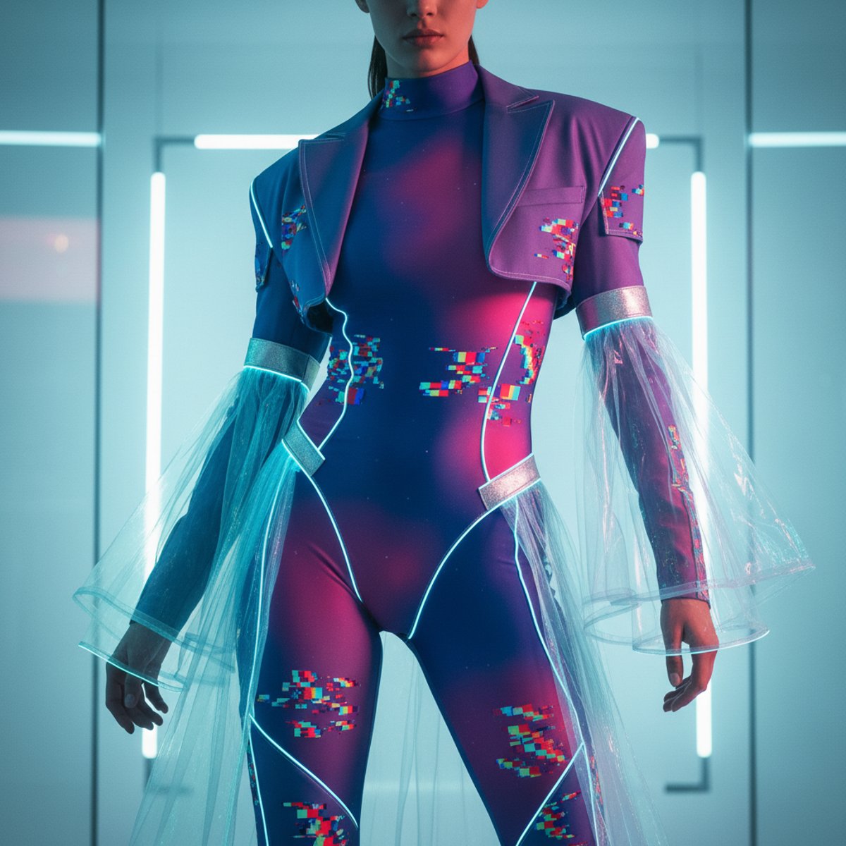 Model in futuristic bodysuit with ethereal gradients and glitch-core prints.