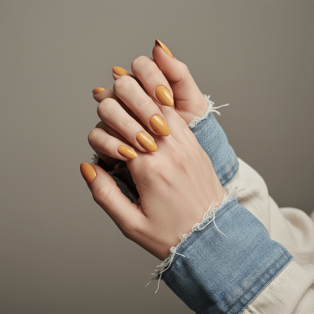 Elegant hands with almond-shaped marigold nails and linen sleeves on a greige backdrop.
