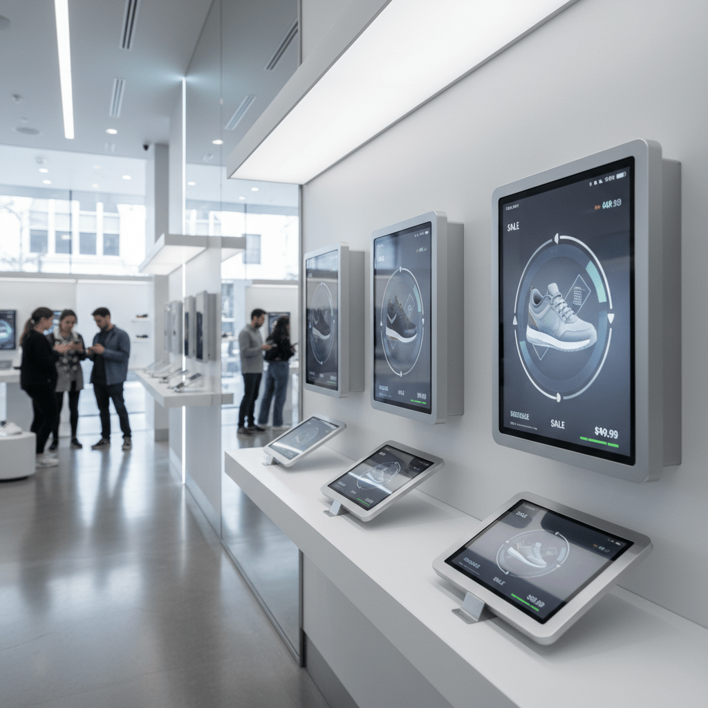 Sleek tablets display 3D sneaker models in a modern, well-lit retail shoe store.