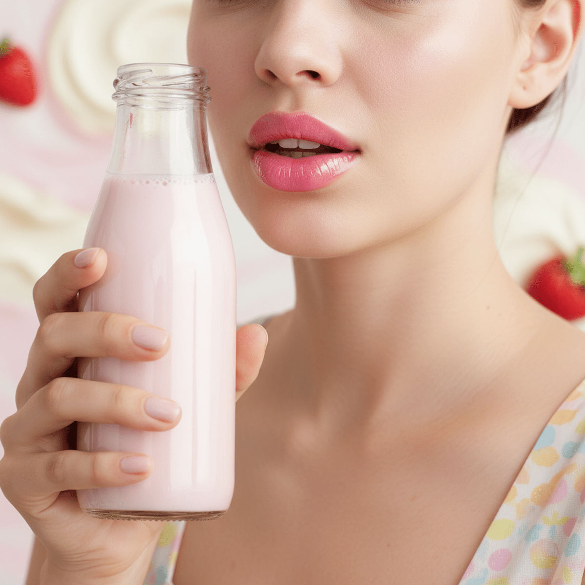 Model with bunny tongue lip gloss and strawberry milk bottle, showcasing glossy texture.
