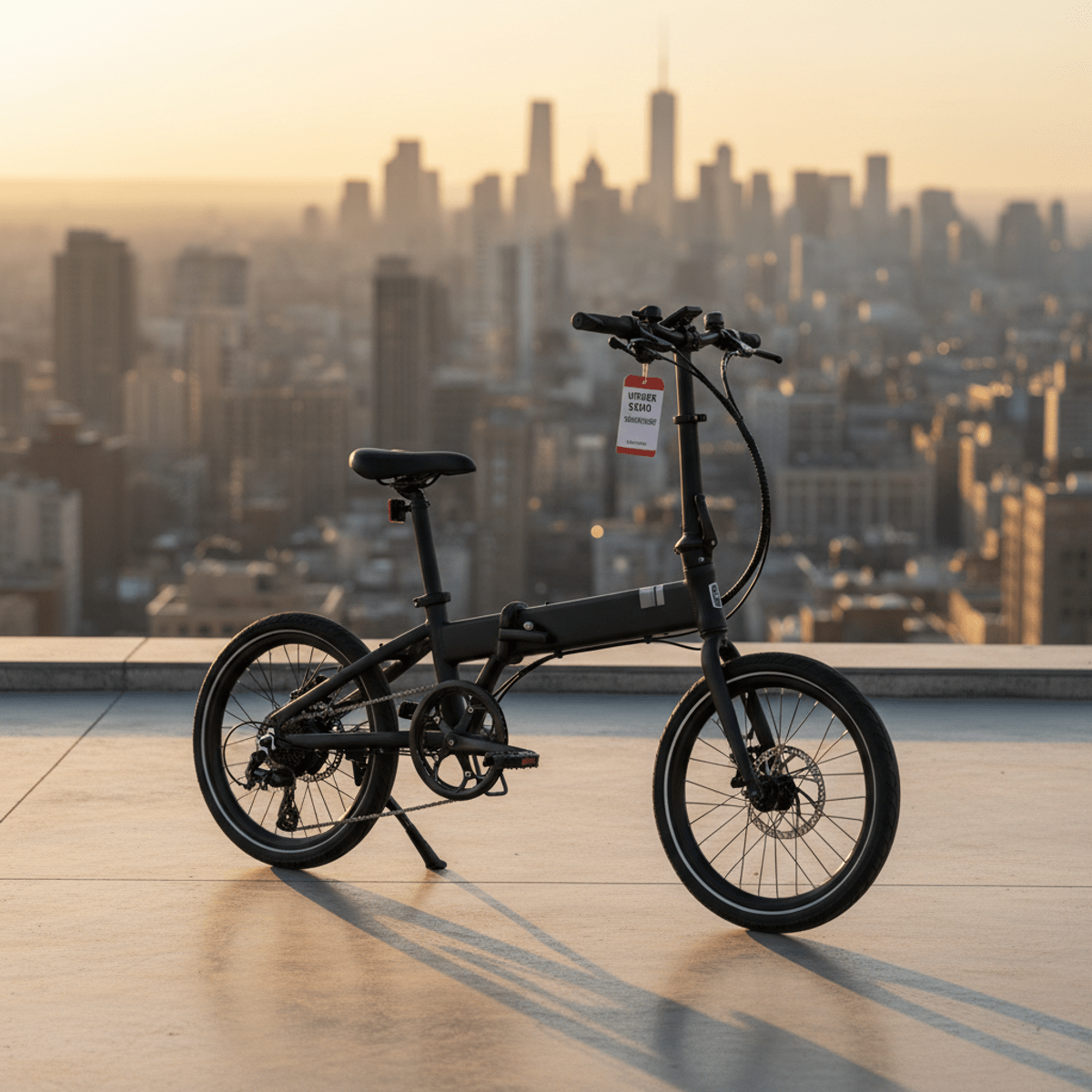 Unfolded matte black folding e-bike on a rooftop with a city skyline.