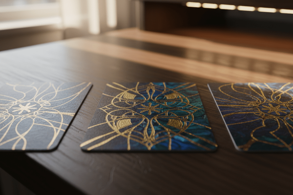Three high-value trading cards displayed on a wooden surface under warm ambient lighting, highlighting exclusivity and craftsmanship